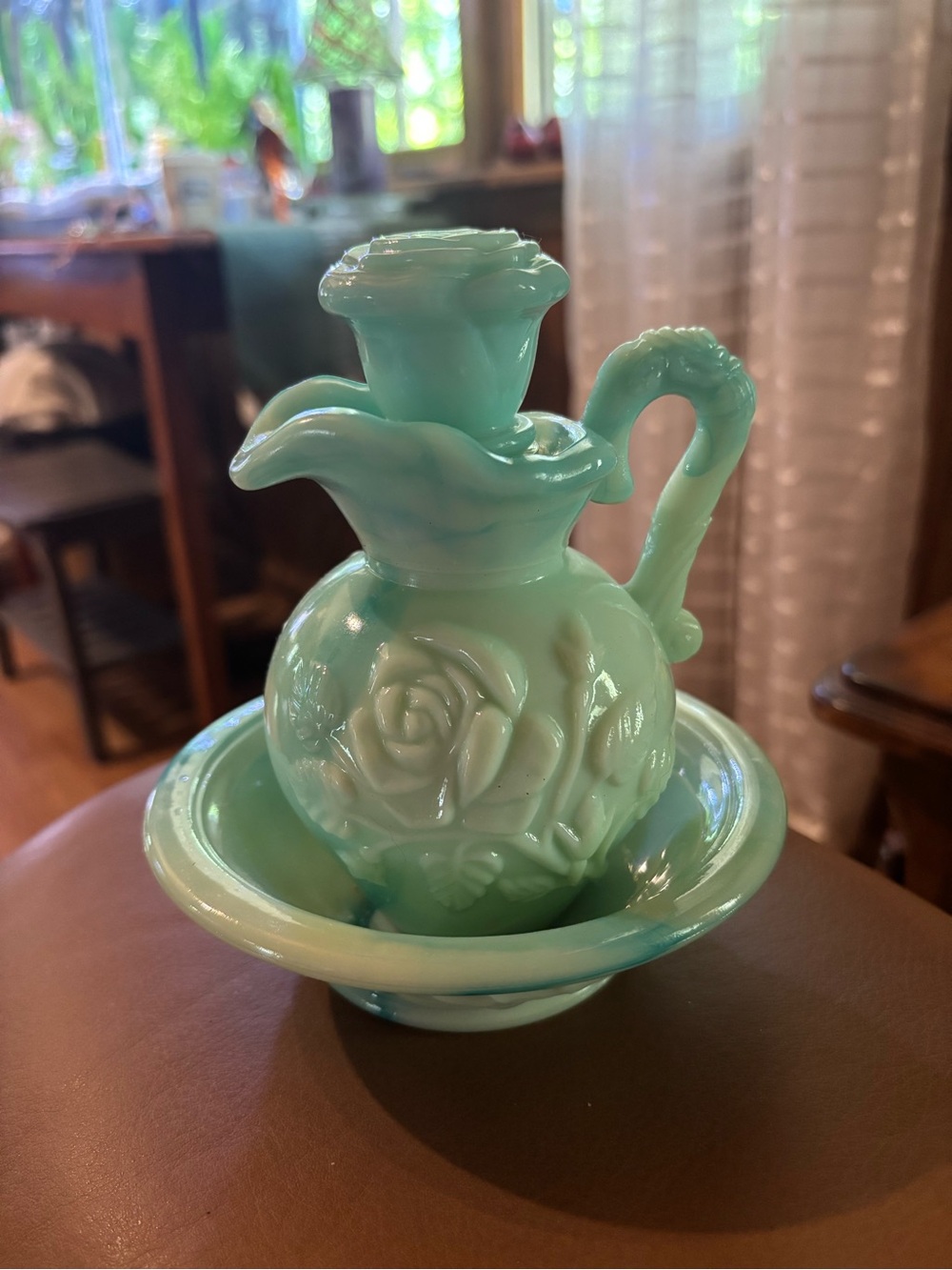 Vintage Avon "Victoriana" Jadeite Teal Glass Miniature Pitcher and Matching Bowl
